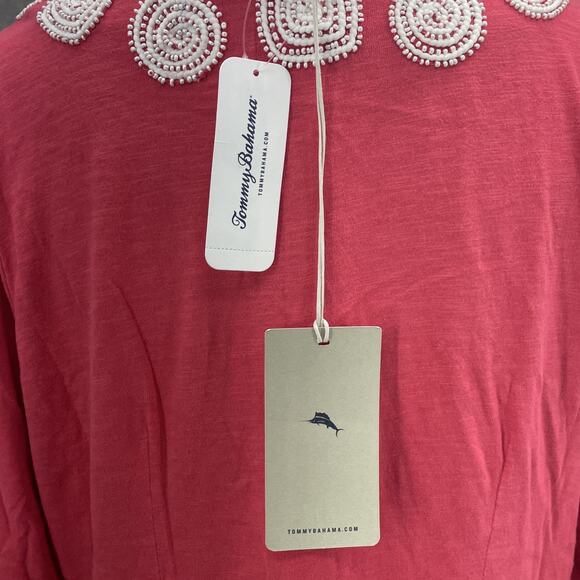 Tommy Bahama Women L Kiera Isle Of Bliss Beaded VNeck Tunic Top Coral Red Resort - Picture 5 of 11